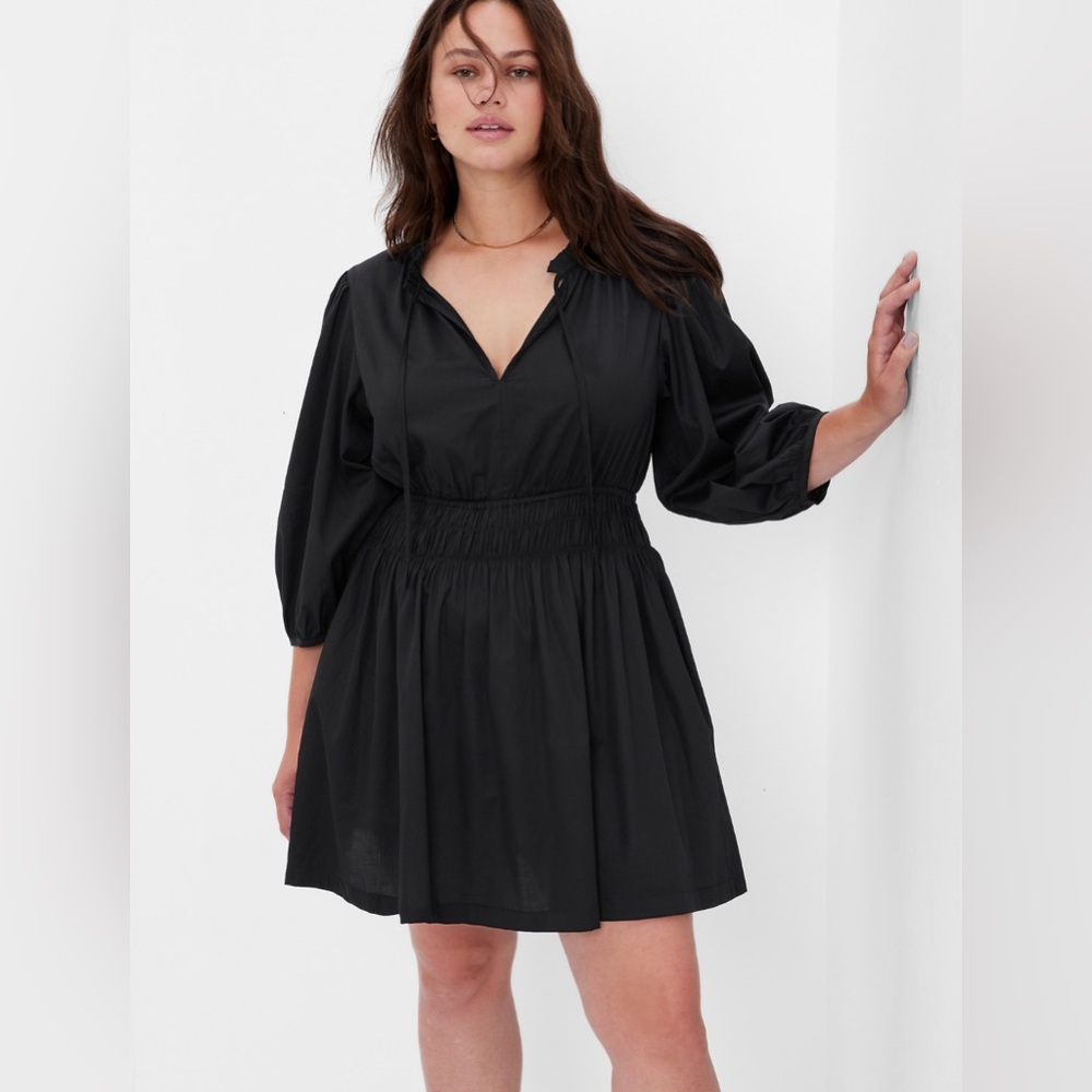 GAP Black Smocked Waist Puff Mini Dress NWT